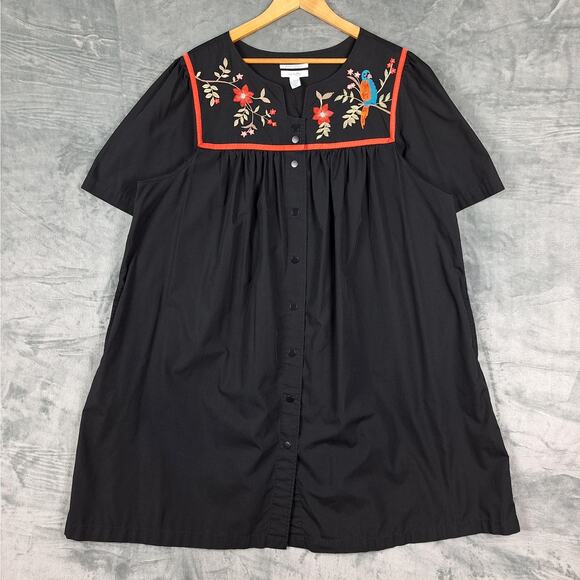 Go Softly Patio Dresses & Skirts - Go Softly Patio Dress XL Boho Floral Embroidered Mumu House Snap Midi Pockets